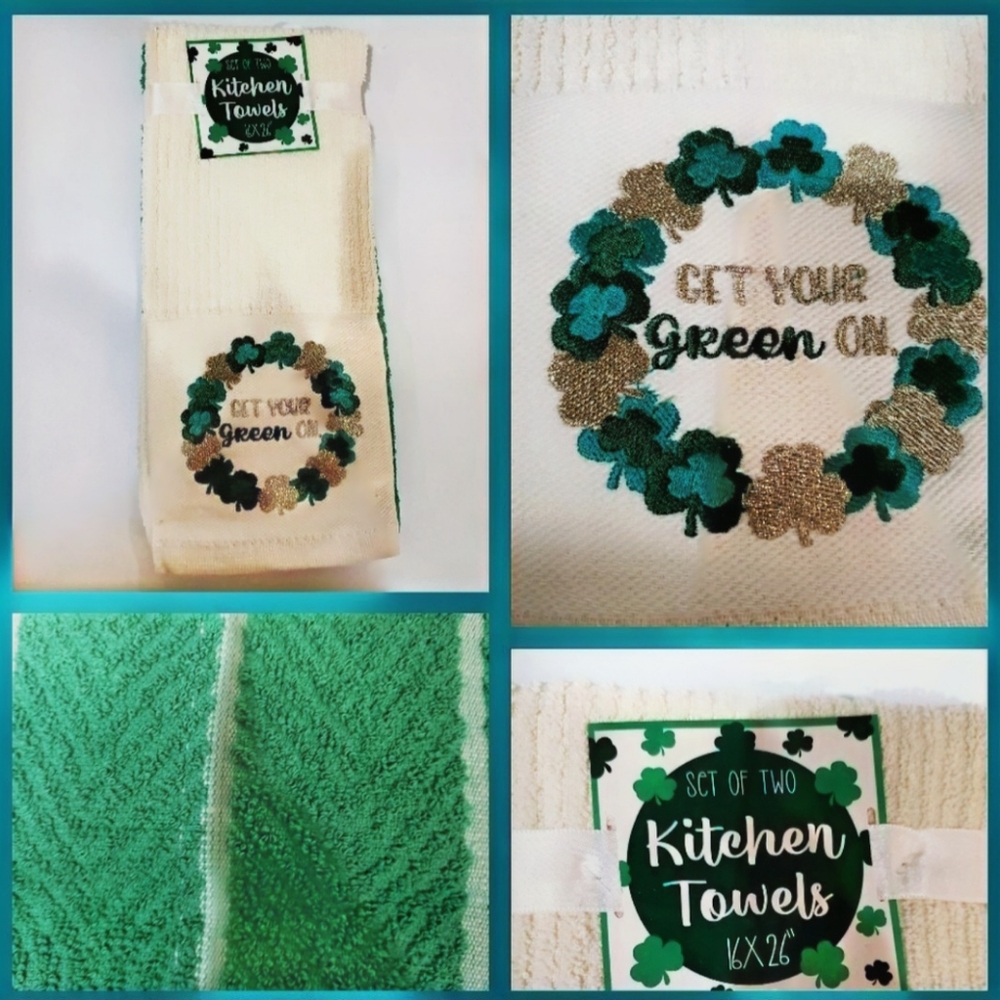 2pc Kitchen Towels St Patrick's Day Green Shamrock Wreath Embroidered New